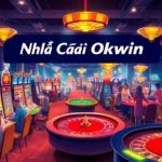 Visualize the dynamic scene of players enjoying gambling activities at Nhà Cái Okwin casino, filled with slot machines and poker tables.