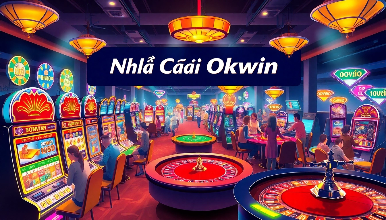Visualize the dynamic scene of players enjoying gambling activities at Nhà Cái Okwin casino, filled with slot machines and poker tables.