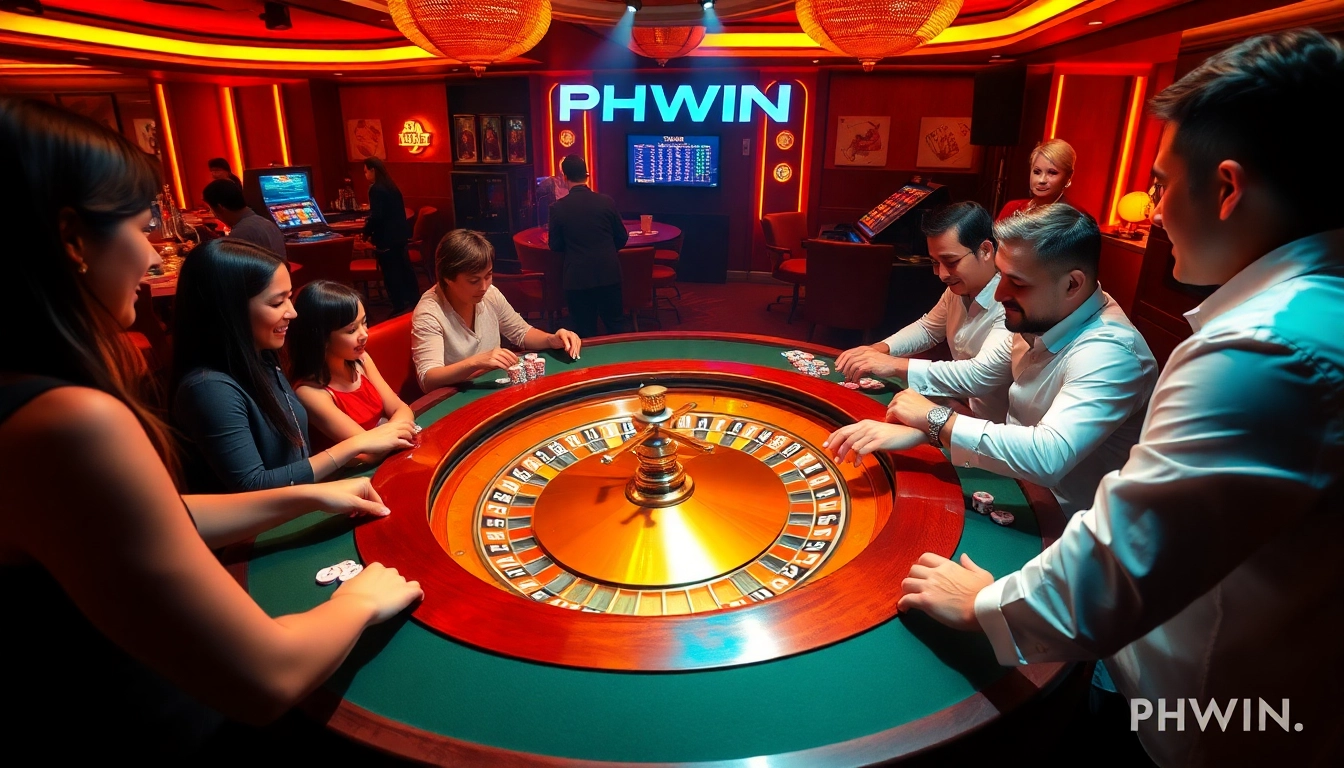 Experience the thrill of PHWIN as players place bets at a vibrant roulette table in the heart of a casino.