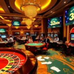 Exciting gaming atmosphere at Nhà Cái 32win casino with roulette and poker tables.