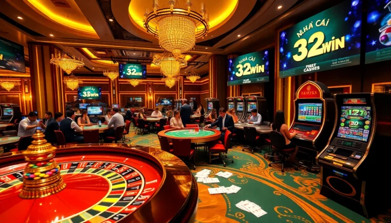 Exciting gaming atmosphere at Nhà Cái 32win casino with roulette and poker tables.