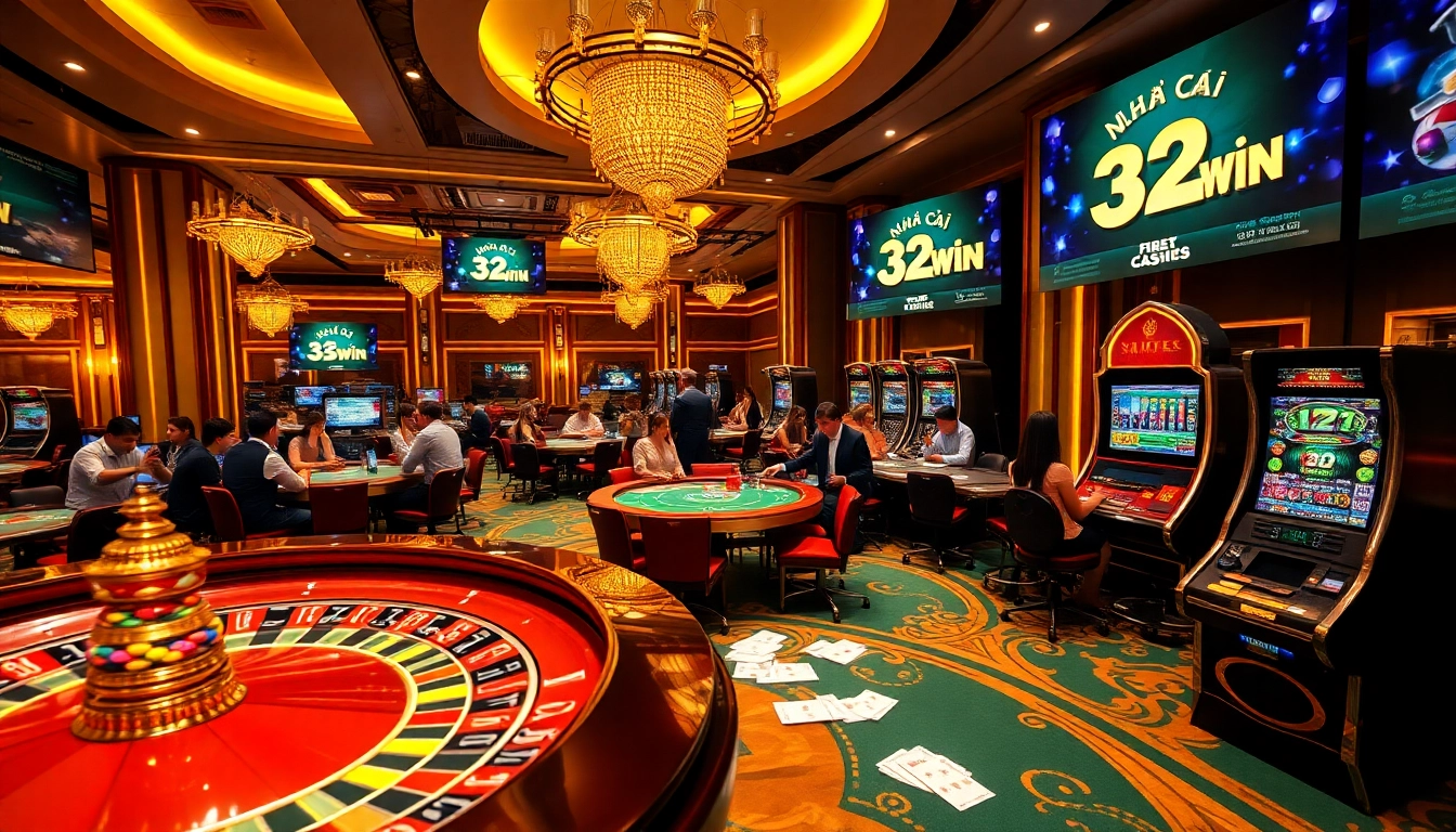 Exciting gaming atmosphere at Nhà Cái 32win casino with roulette and poker tables.