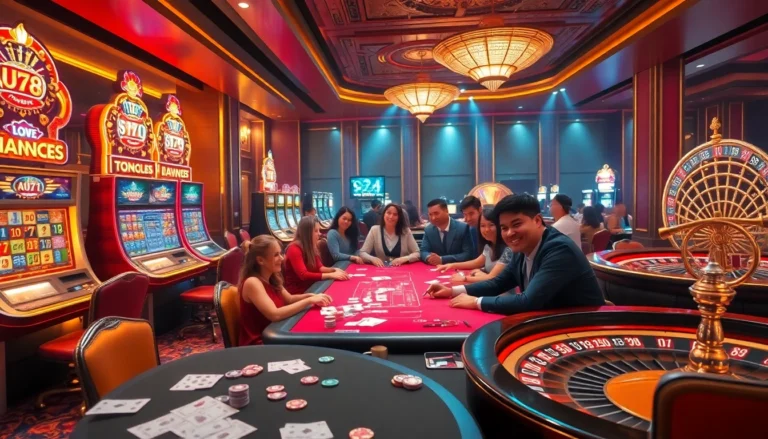 Gamblers enjoying a thrilling night at UU 88 casino with vibrant slot machines and poker action.