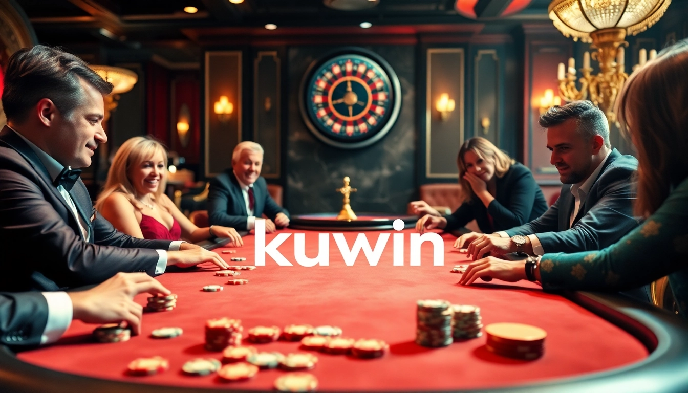 kuwin casino players engaged in an exciting poker game at a luxurious table surrounded by vibrant decor.