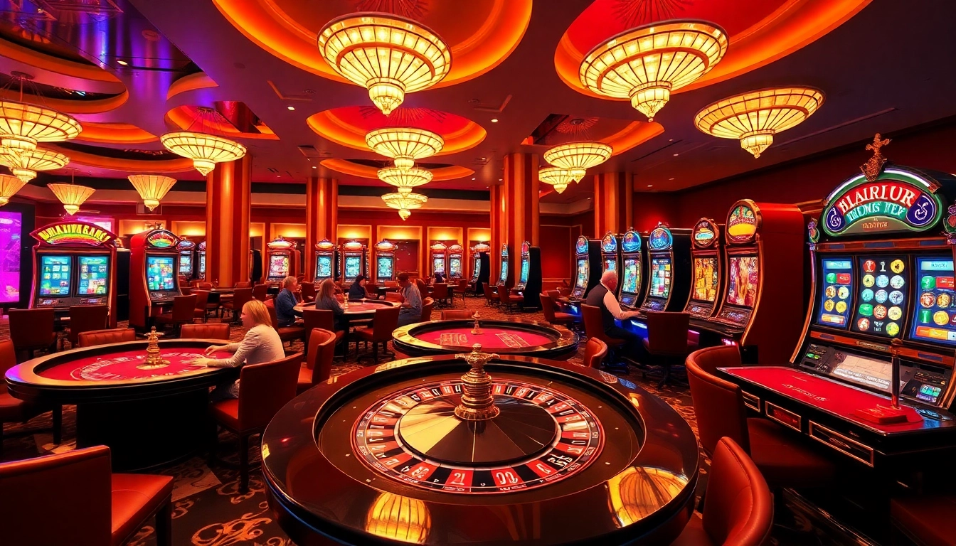 Experience a thrilling casino atmosphere at https://hb88game.pro/ with players enjoying poker and vibrant slot machines.