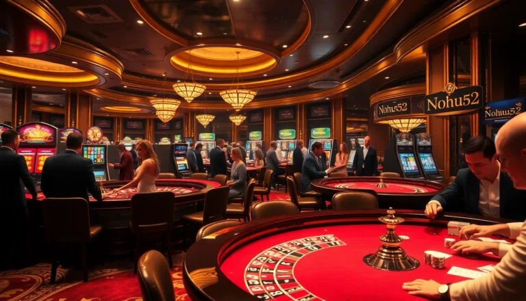 Experience the thrill of Nohu52 casino with vibrant gambling scenes showcasing roulette, poker, and slot machines.