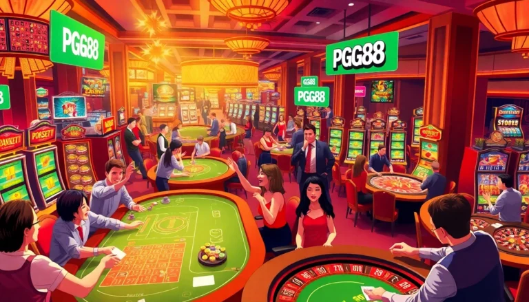Experience the excitement at PG88 Casino with vibrant gaming tables, energetic players, and thrilling slot machines.