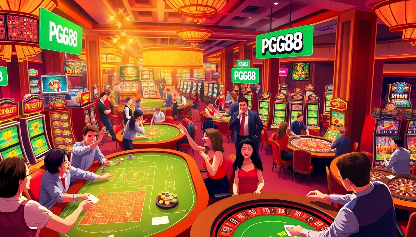 Experience the excitement at PG88 Casino with vibrant gaming tables, energetic players, and thrilling slot machines.