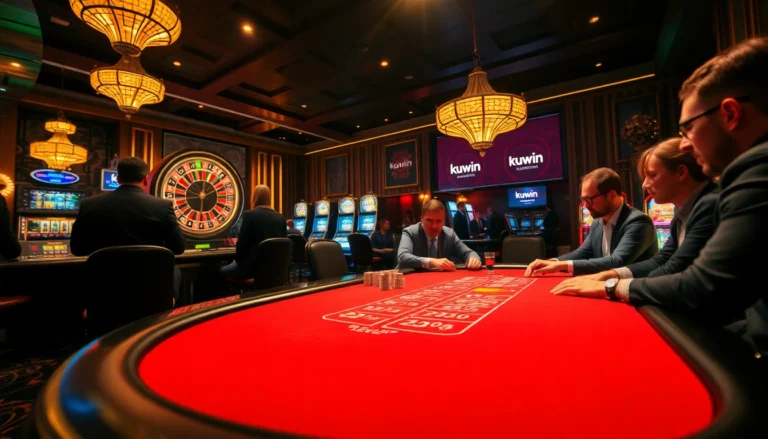 Kuwin casino scene featuring players at an exciting poker table and a roulette wheel.
