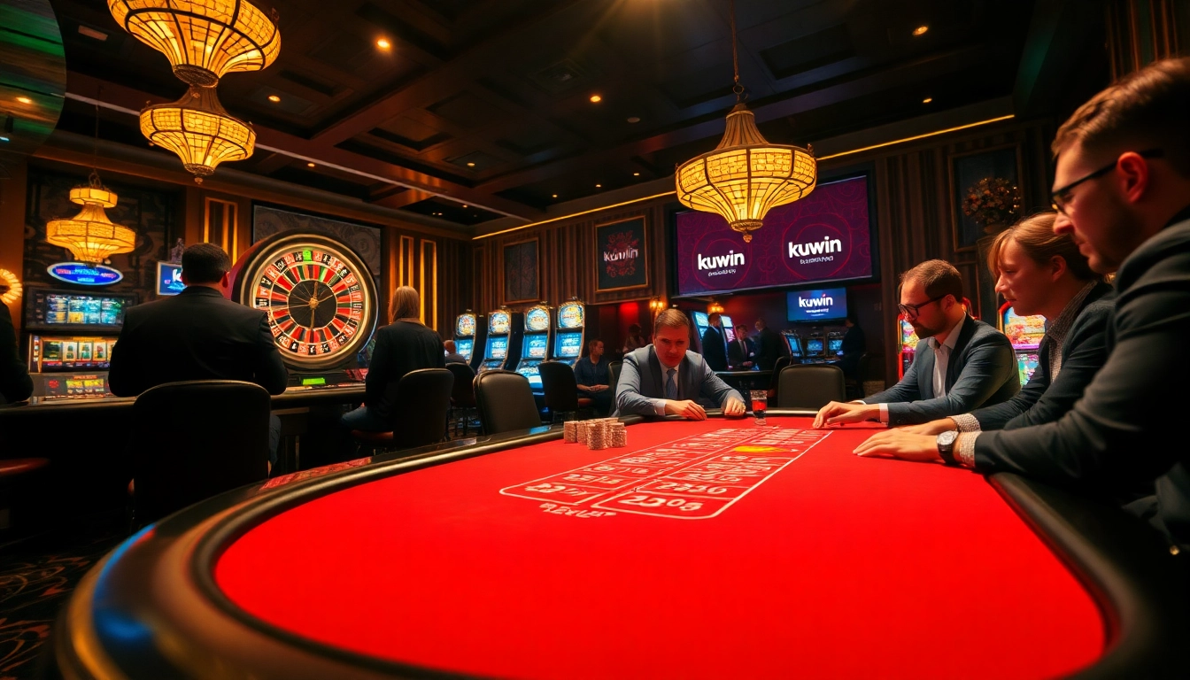 Kuwin casino scene featuring players at an exciting poker table and a roulette wheel.