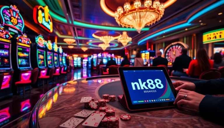 Experience the thrill of nk88 with vibrant slot machines, poker tables, and a roulette wheel in this dynamic casino setting.