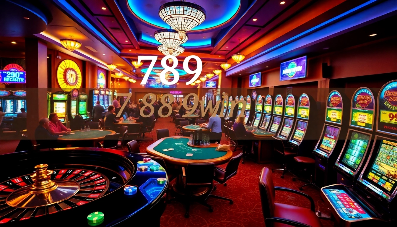 Experience excitement at 789win trang chủ chính thức with players at poker tables and vibrant slot machines.